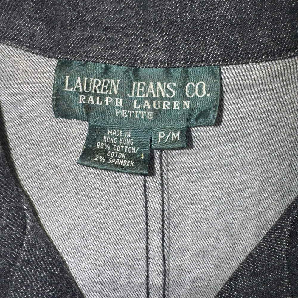 Vtg Ralph Lauren 6 Pocket Skirted Pleat Back Thick Black Denim Jacket Petite M - Picture 3 of 10